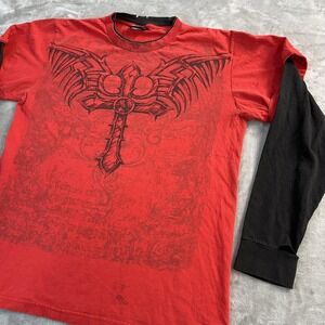 Hybrid Tees Shirt Mens L Red Black Cross Graphic Layered Long Sleeve Gothic Punk